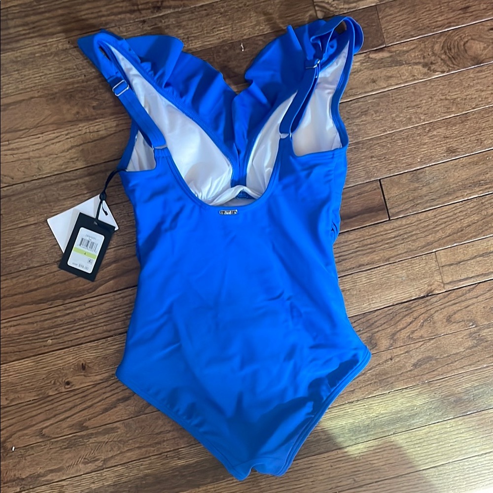 NWT DKNY Blue Ruffle Plunge One Piece Swimsuit - Picture 3 of 8